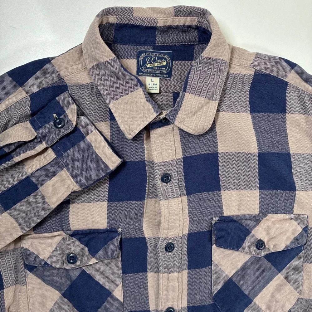 J. Crew Flannel Shirt Large Slim Navy Tan Buffalo Check Herringbone Button Up